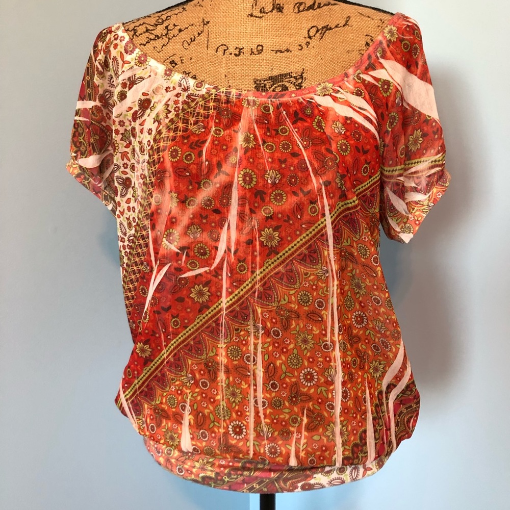Women’s Semi-Sheer Printed Top, Orange